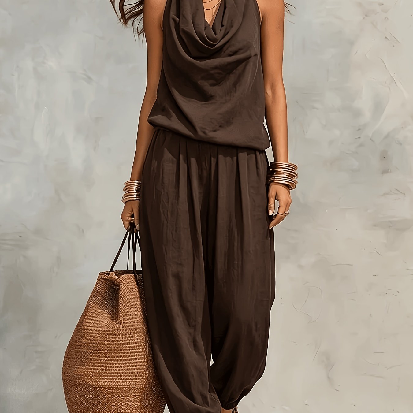Isabel | Conjunto de Top Halter y Pantalón de Pierna Ancha con Textura de Lino