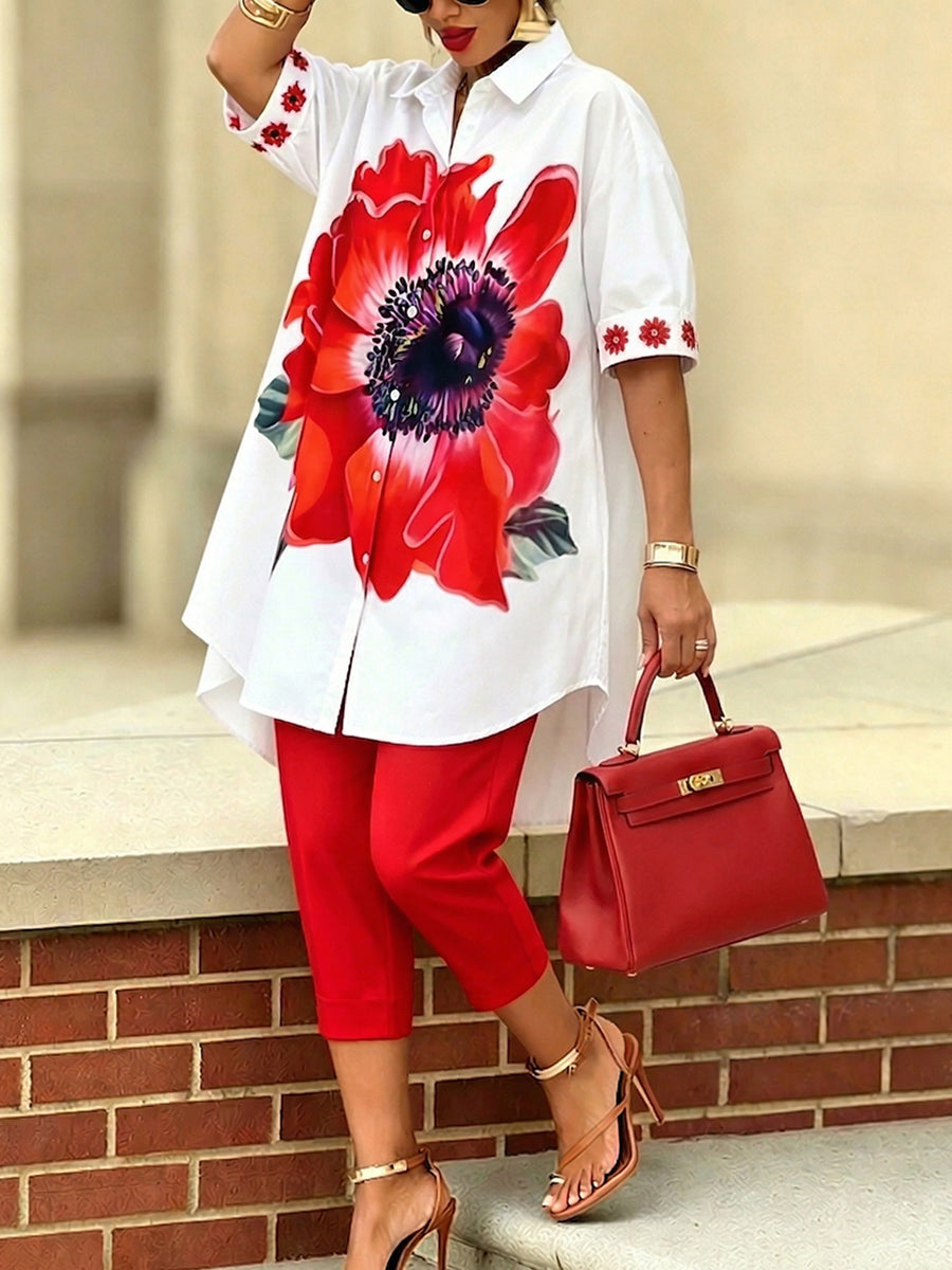 Sofía | Conjunto artístico y estiloso de dos piezas con camisa y pantalones de flores