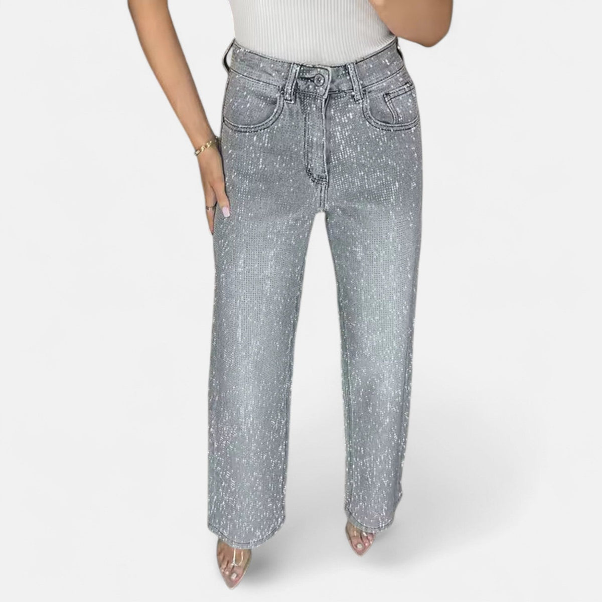 Fabiola | Jeans de Pierna Ancha con Pedrería Brillante