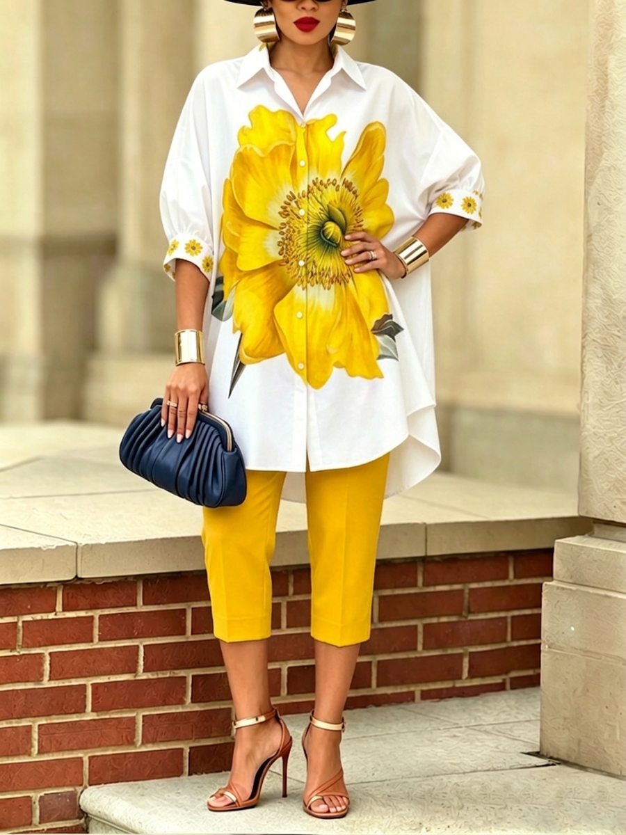 Sofía | Conjunto artístico y estiloso de dos piezas con camisa y pantalones de flores