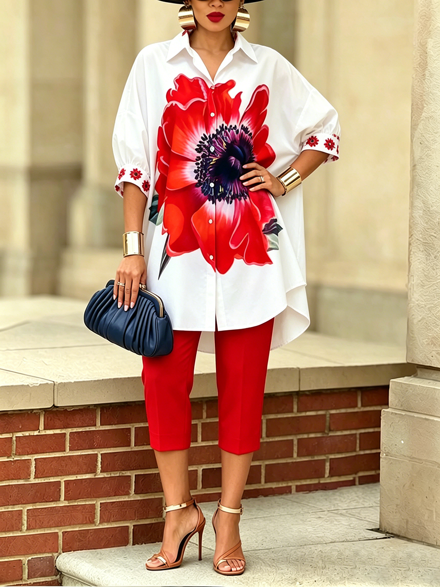 Sofía | Conjunto artístico y estiloso de dos piezas con camisa y pantalones de flores