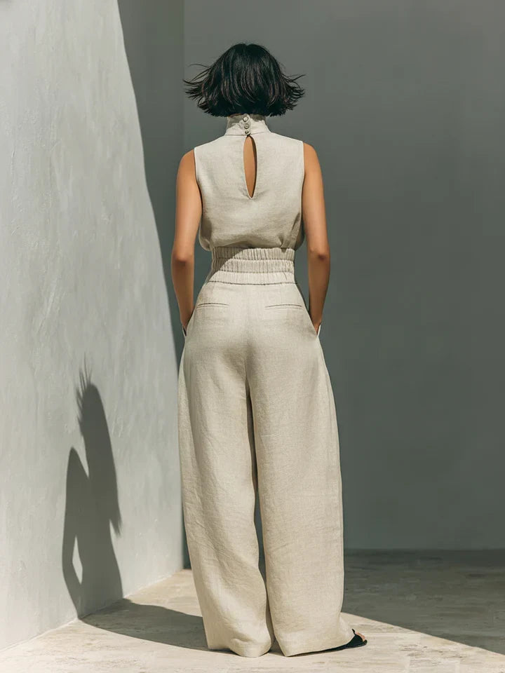 Flor | Conjunto minimalista de blusa sin mangas y pantalón de pernera ancha en algodón y lino para mujer