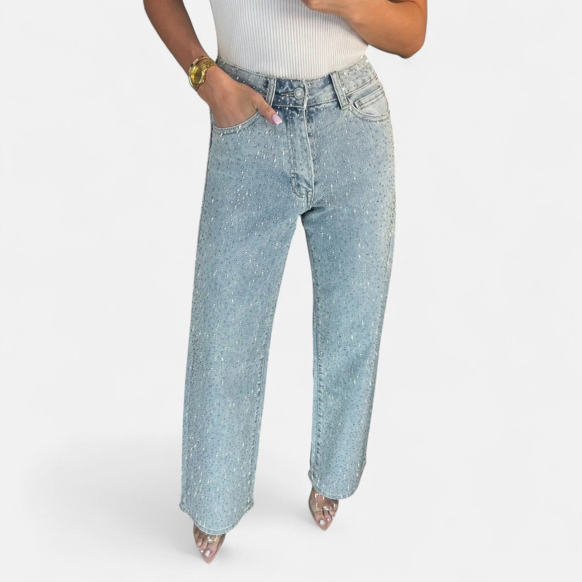 Fabiola | Jeans de Pierna Ancha con Pedrería Brillante