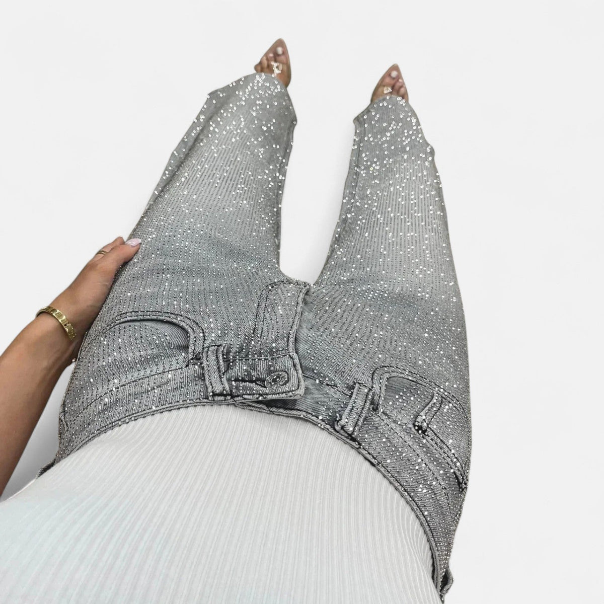 Fabiola | Jeans de Pierna Ancha con Pedrería Brillante
