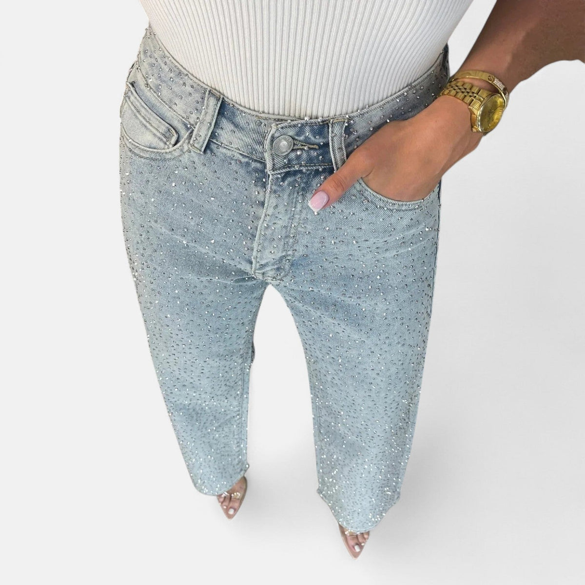 Fabiola | Jeans de Pierna Ancha con Pedrería Brillante