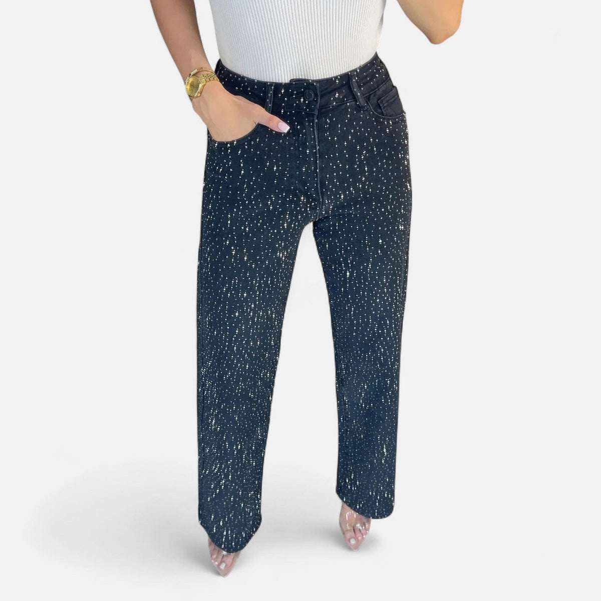 Fabiola | Jeans de Pierna Ancha con Pedrería Brillante