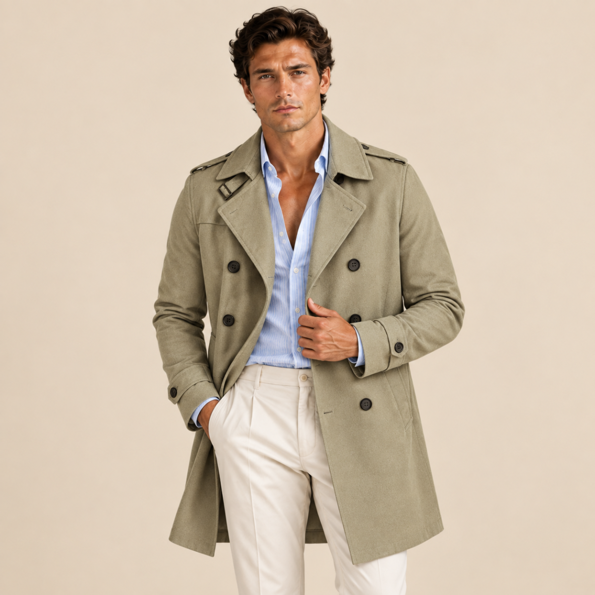 Gabardina Hombre Cruzada con Hebillas en los Puños