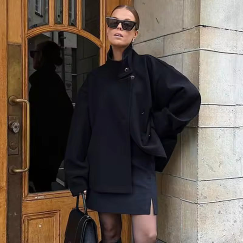 Abrigo Corto Mujer Cruzado Elegante - Negro