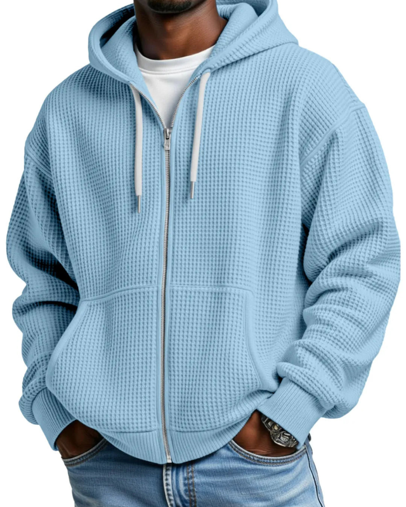 Sudadera Oversize Hombre Waffle con Capucha - Azul