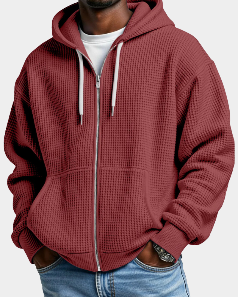 Sudadera Oversize Hombre Waffle con Capucha - Rojo