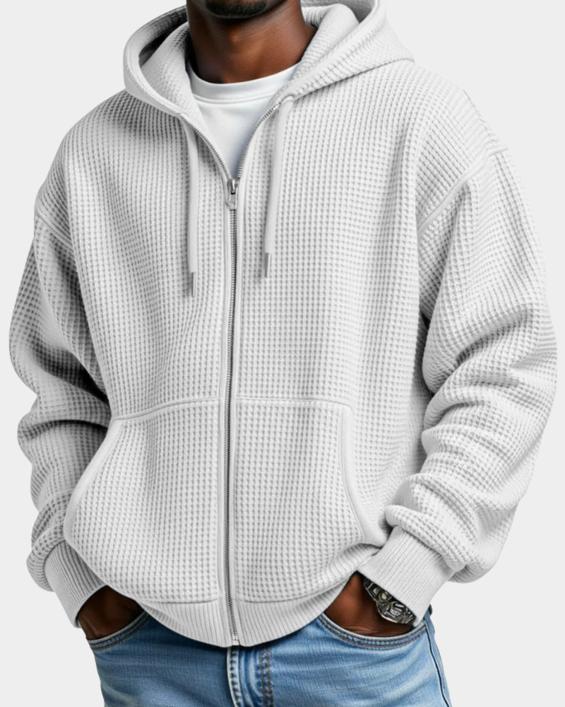 Sudadera Oversize Hombre Waffle con Capucha - Blanco