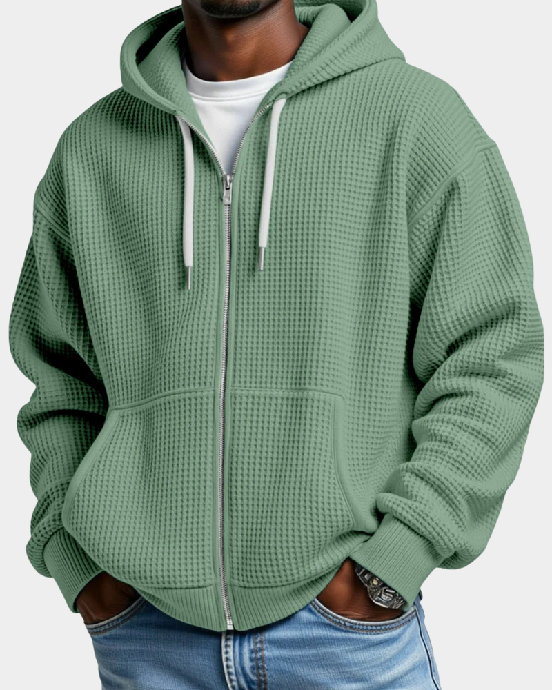 Sudadera Oversize Hombre Waffle con Capucha - Verde