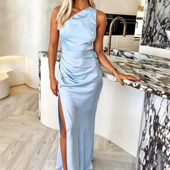 Vestido de gala satinado liso - Azul claro