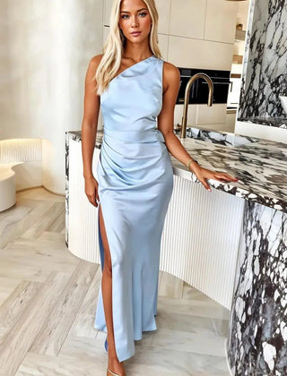 Vestido de gala satinado liso - Azul claro