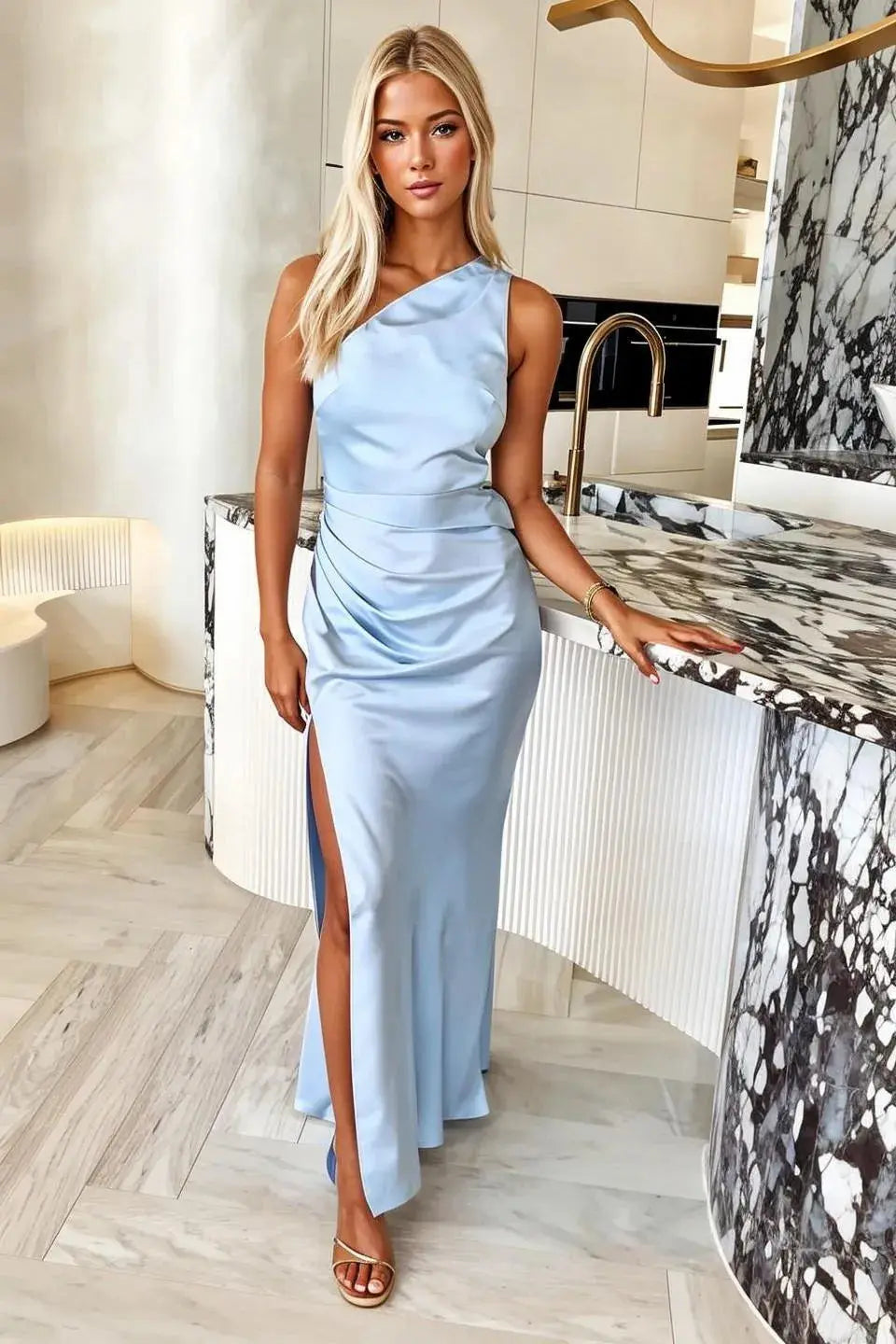 Vestido de gala satinado liso - Azul claro