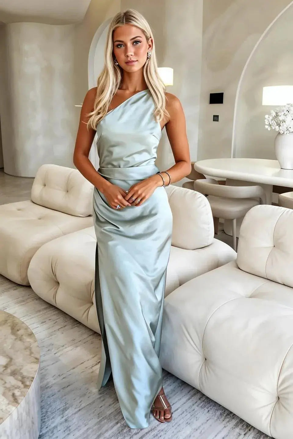 Vestido de gala satinado liso - Verde