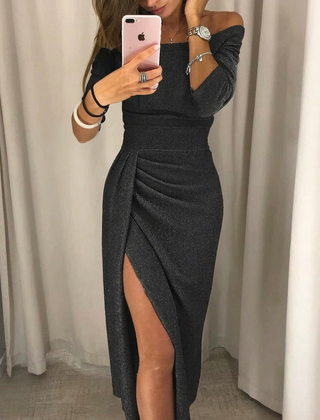 Vestido de gala manga larga con abertura - Negro