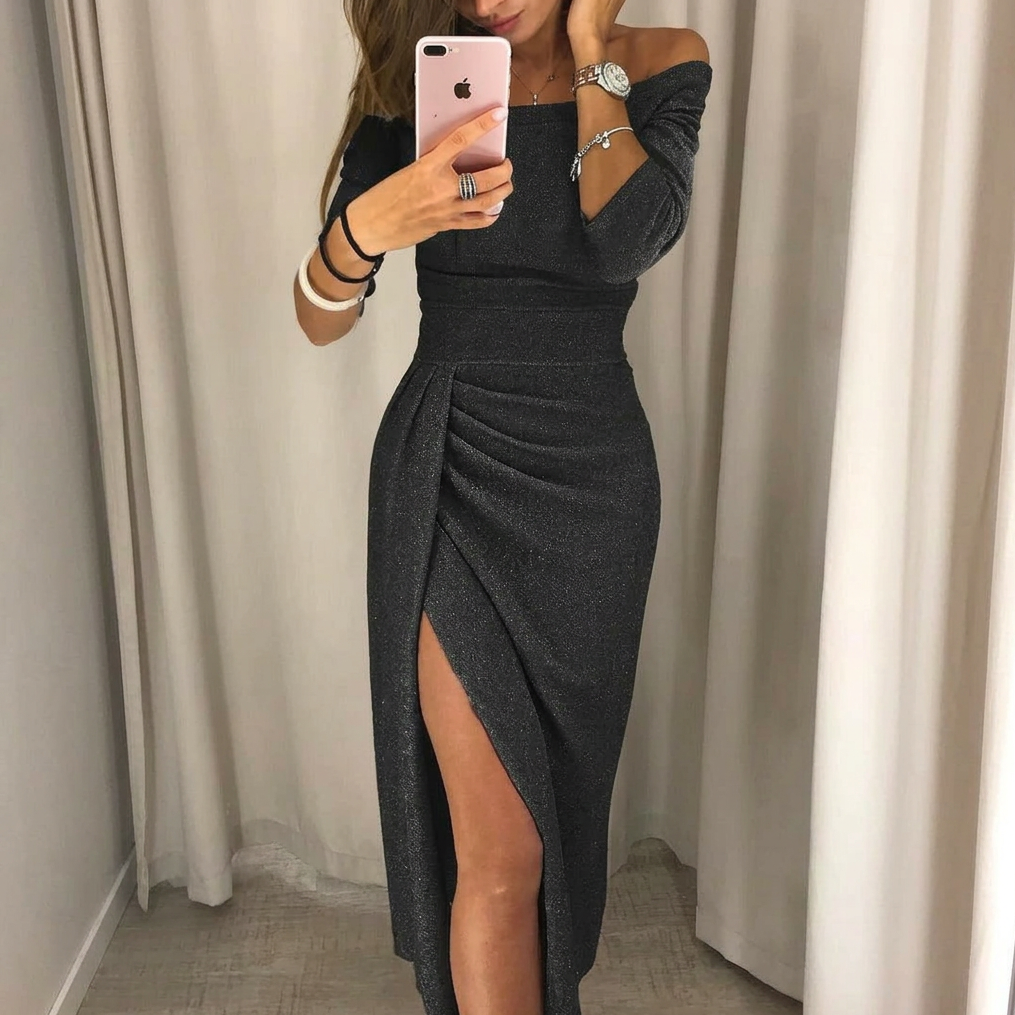 Vestido de gala manga larga con abertura - Negro