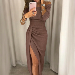 Vestido de gala manga larga con abertura - Café