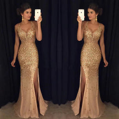 Vestido de gala escote en V sin mangas - Dorado