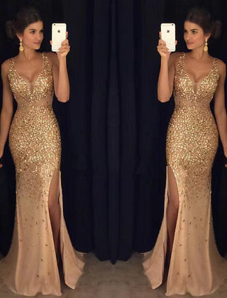 Vestido de gala escote en V sin mangas - Dorado