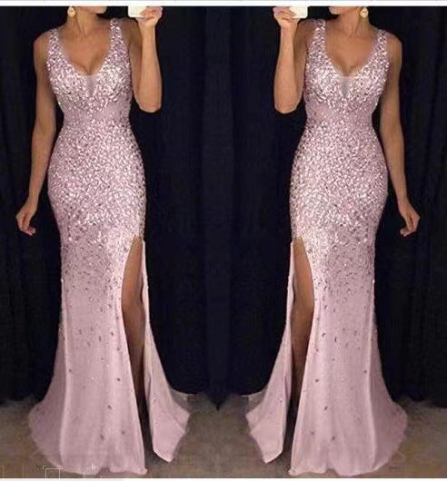 Vestido de gala escote en V sin mangas