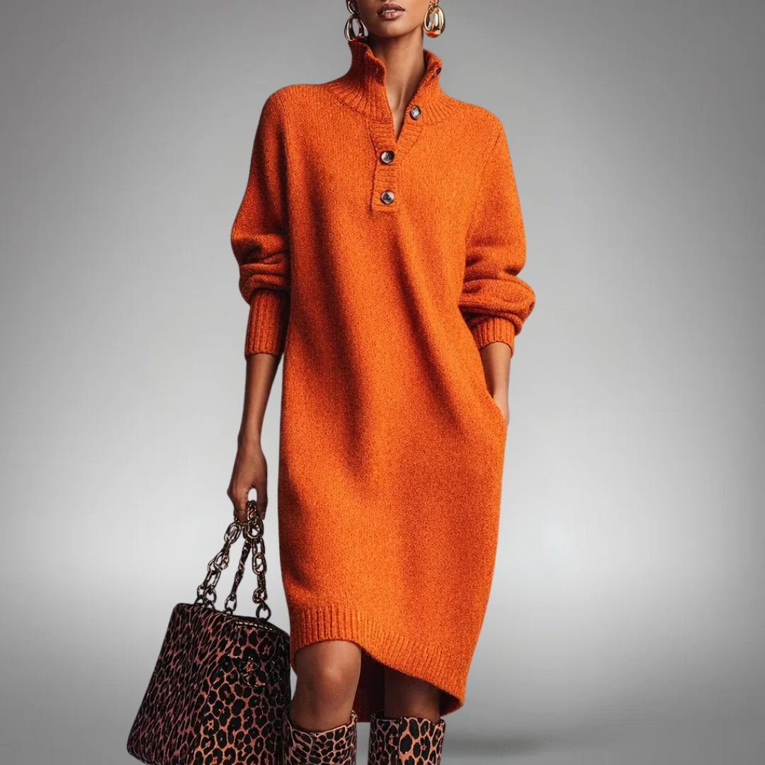 Vestido de Punto Midi Tipo Polo - Naranja