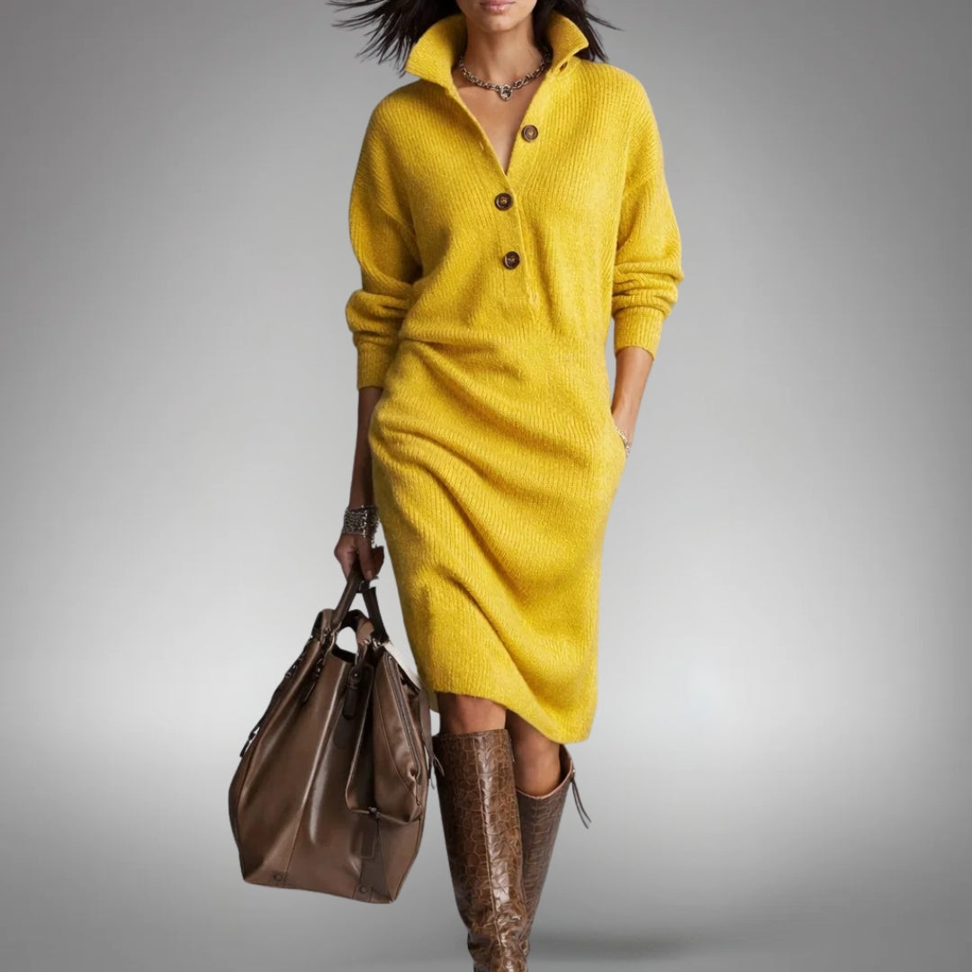 Vestido de Punto Midi Tipo Polo - Amarillo