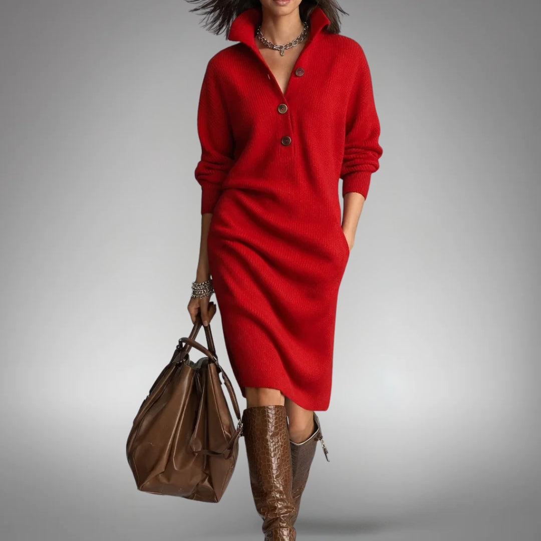 Vestido de Punto Midi Tipo Polo - Rojo
