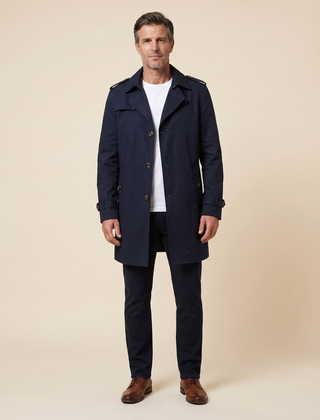 Gabardina Hombre a la Rodilla con Cinturón - Azul