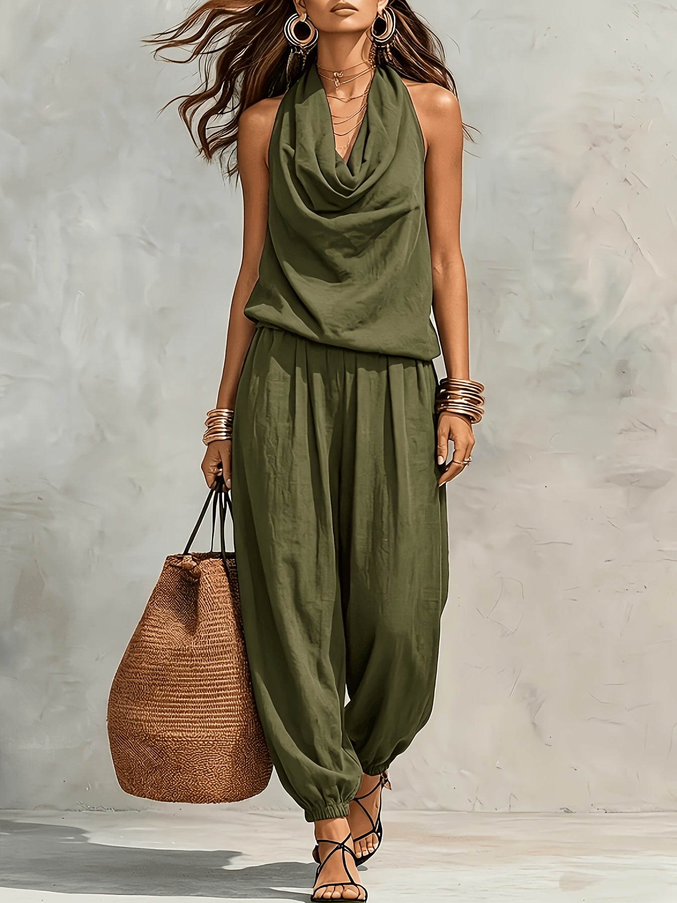 Isabel | Conjunto de Top Halter y Pantalón de Pierna Ancha con Textura de Lino