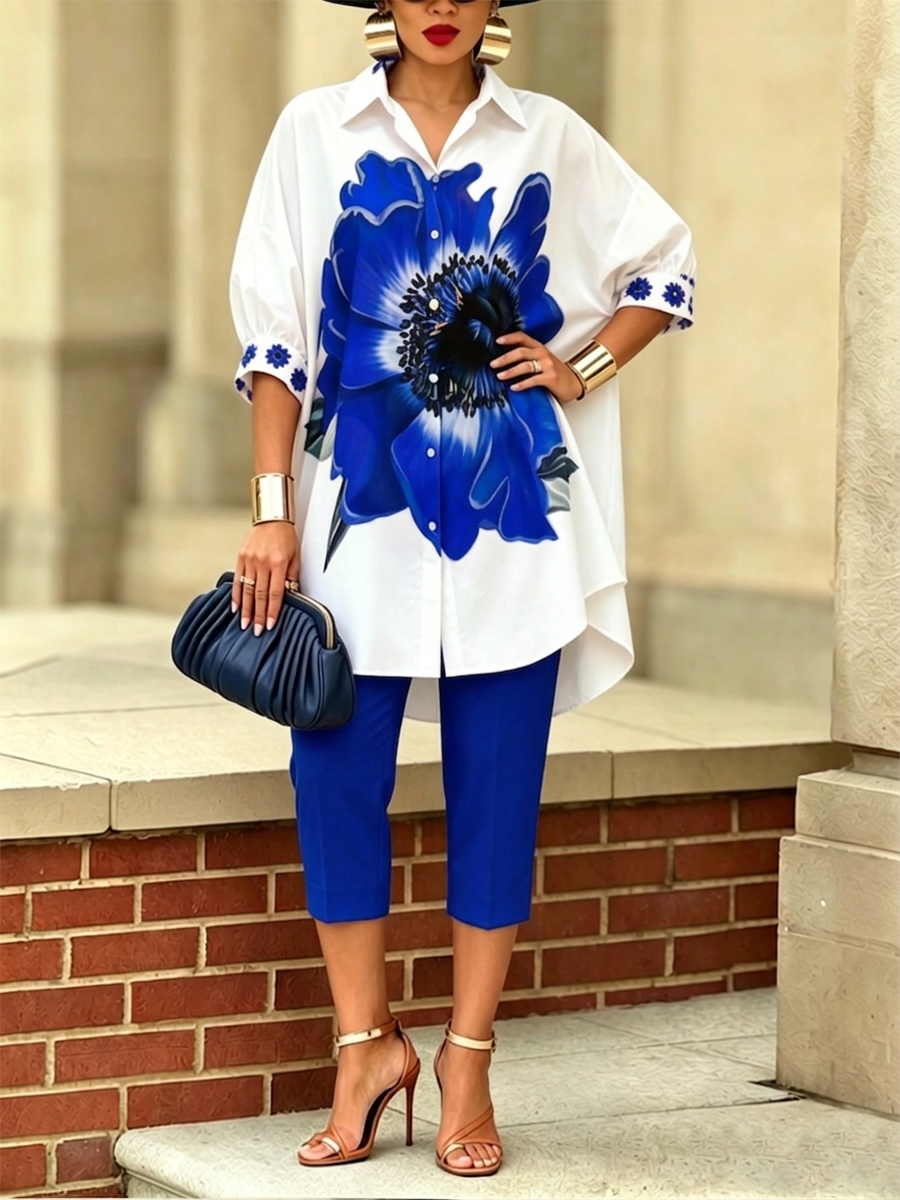 Sofía | Conjunto artístico y estiloso de dos piezas con camisa y pantalones de flores