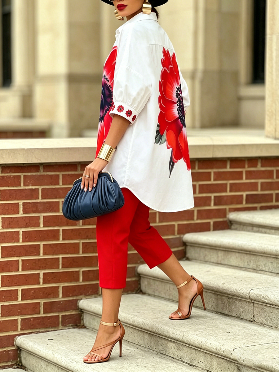 Sofía | Conjunto artístico y estiloso de dos piezas con camisa y pantalones de flores