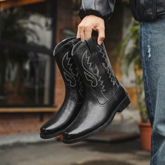 Botas Vaqueras Hombre Altas con Costura de Flama - Negro