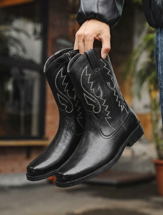 Botas Vaqueras Hombre Altas con Costura de Flama - Negro