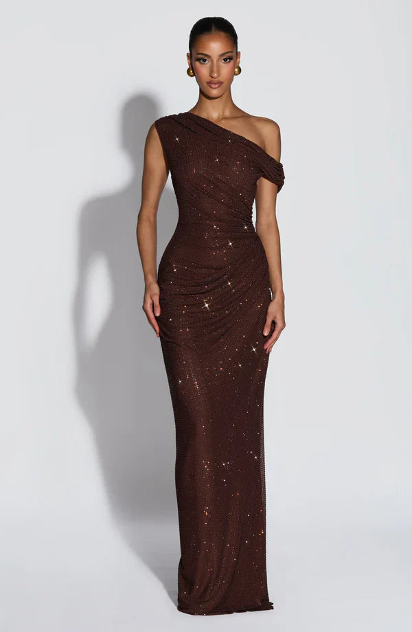 Vestido de noche elegante con lentejuelas - Café ciruela