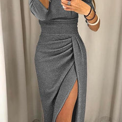 Vestido de noche elegante con abertura - Gris