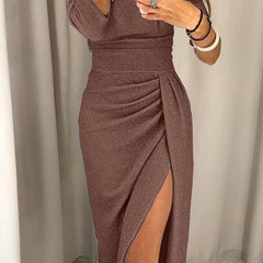 Vestido de noche elegante con abertura - Café