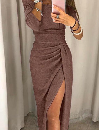 Vestido de noche elegante con abertura - Café
