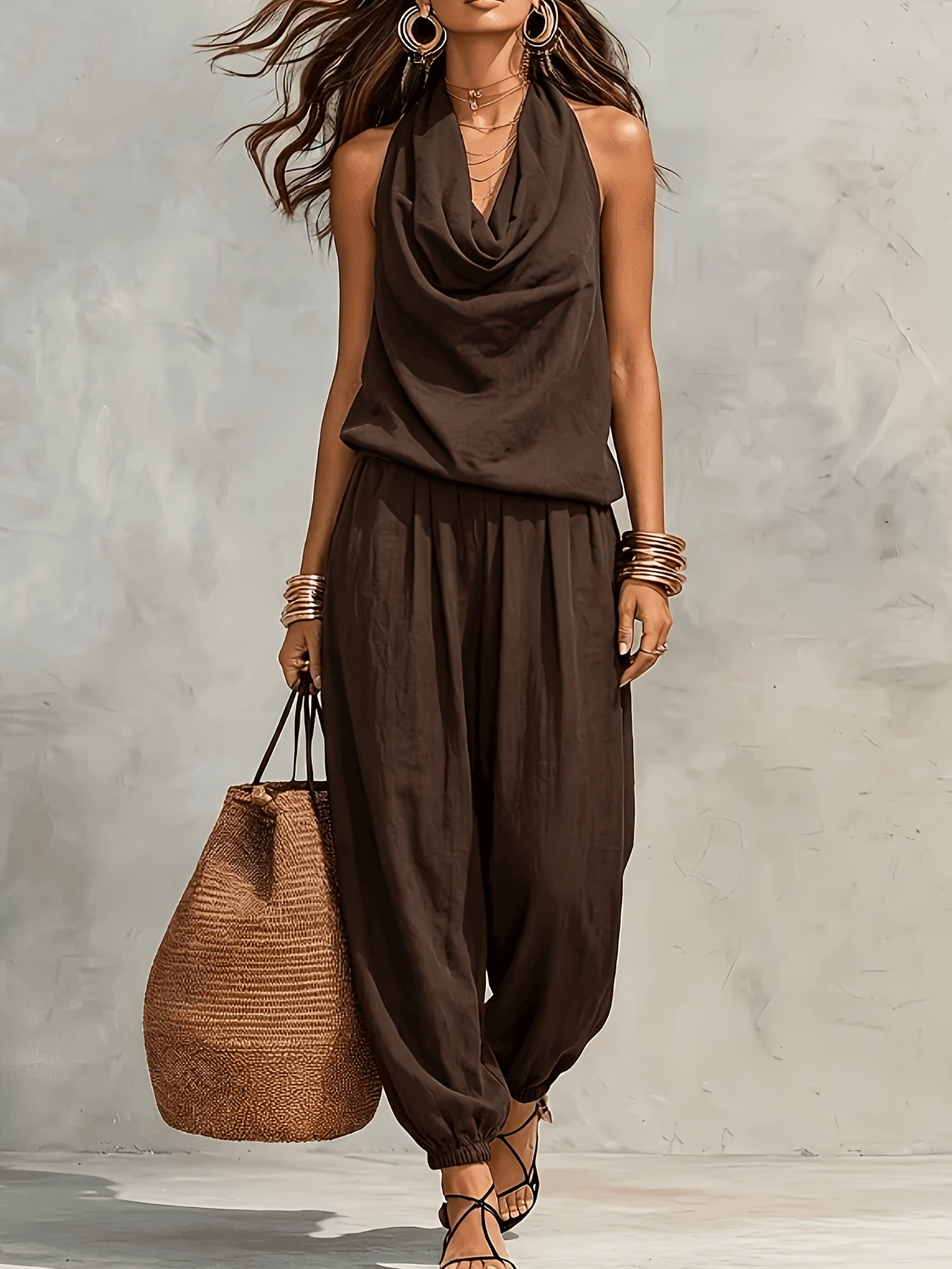 Isabel | Conjunto de Top Halter y Pantalón de Pierna Ancha con Textura de Lino