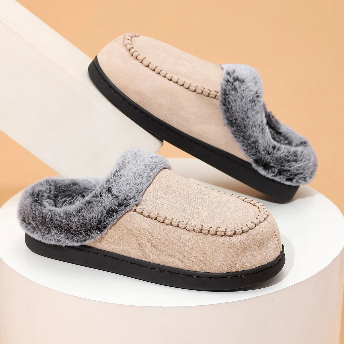 Pantuflas Hombre Forradas con Pelo Sintético - Caqui