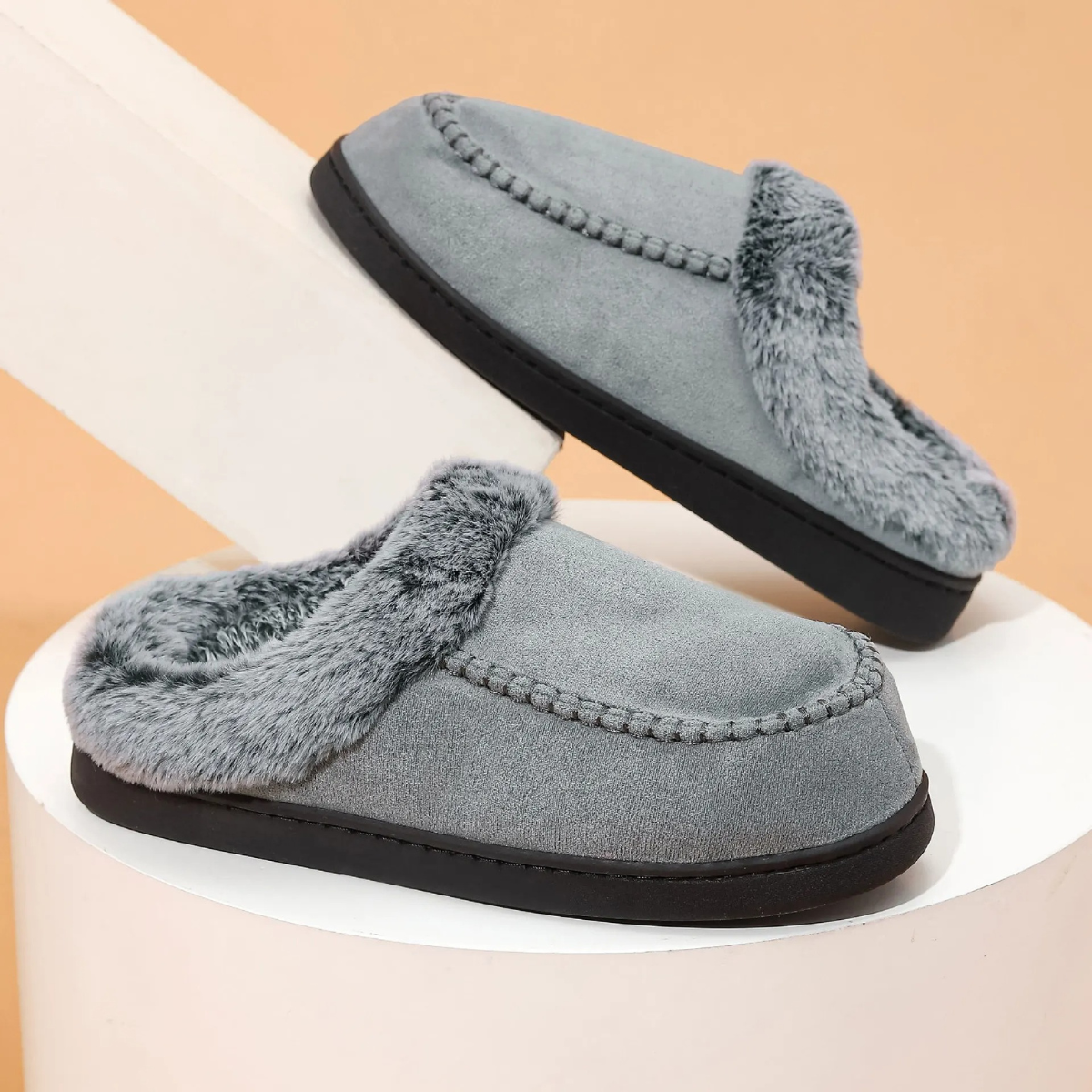 Pantuflas Hombre Forradas con Pelo Sintético - Gris