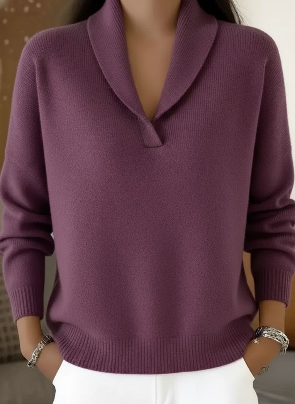 Suéter Tejido Mujer Cuello Chal en V - Morado