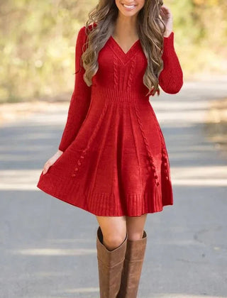 Vestido de Punto Escote en V Cintura Acanalada - Rojo