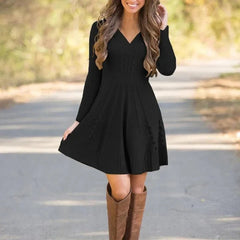 Vestido de Punto Escote en V Cintura Acanalada - Negro