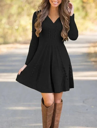 Vestido de Punto Escote en V Cintura Acanalada - Negro