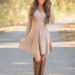 Vestido de Punto Escote en V Cintura Acanalada - Beige