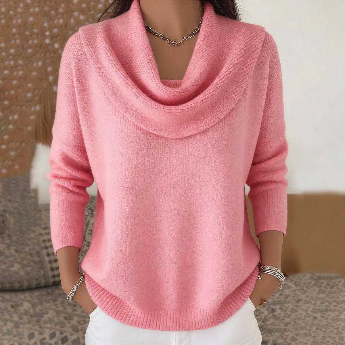 Suéter Tejido Mujer Cuello Vuelto de Algodón - Rosa