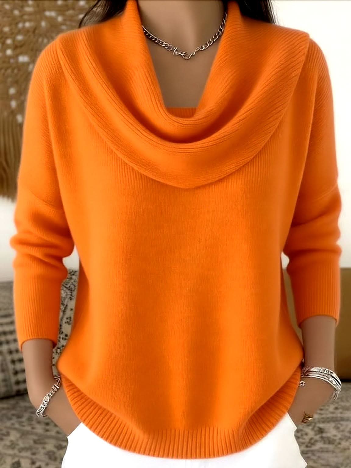 Suéter Tejido Mujer Cuello Vuelto de Algodón - Naranja