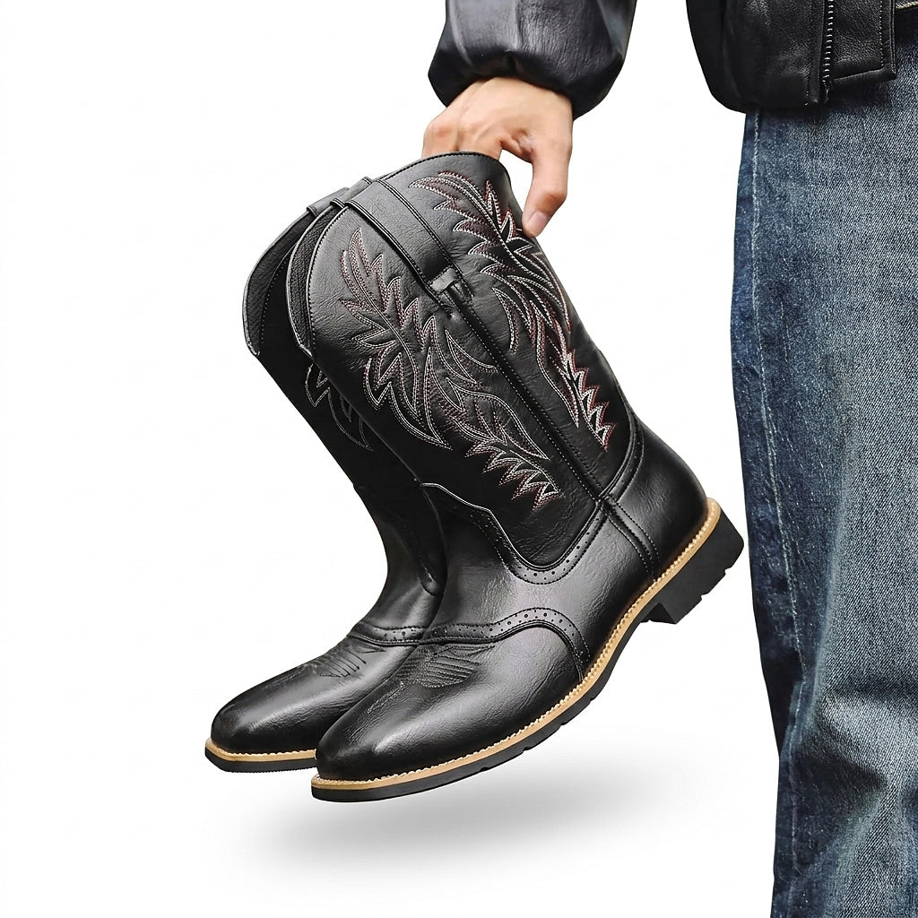 Botas Vaqueras Hombre con Caña Bordada a Media Pierna - Negro